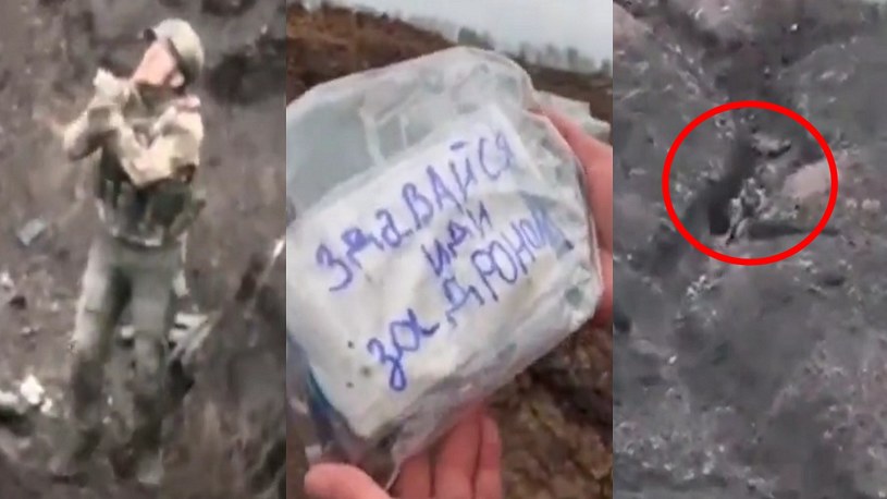 Rosyjski żołnierz zaczął modlić się do ukraińskiego drona i błagać go o litość, ale chwilę później poddał się mu i porzucił swoją broń.