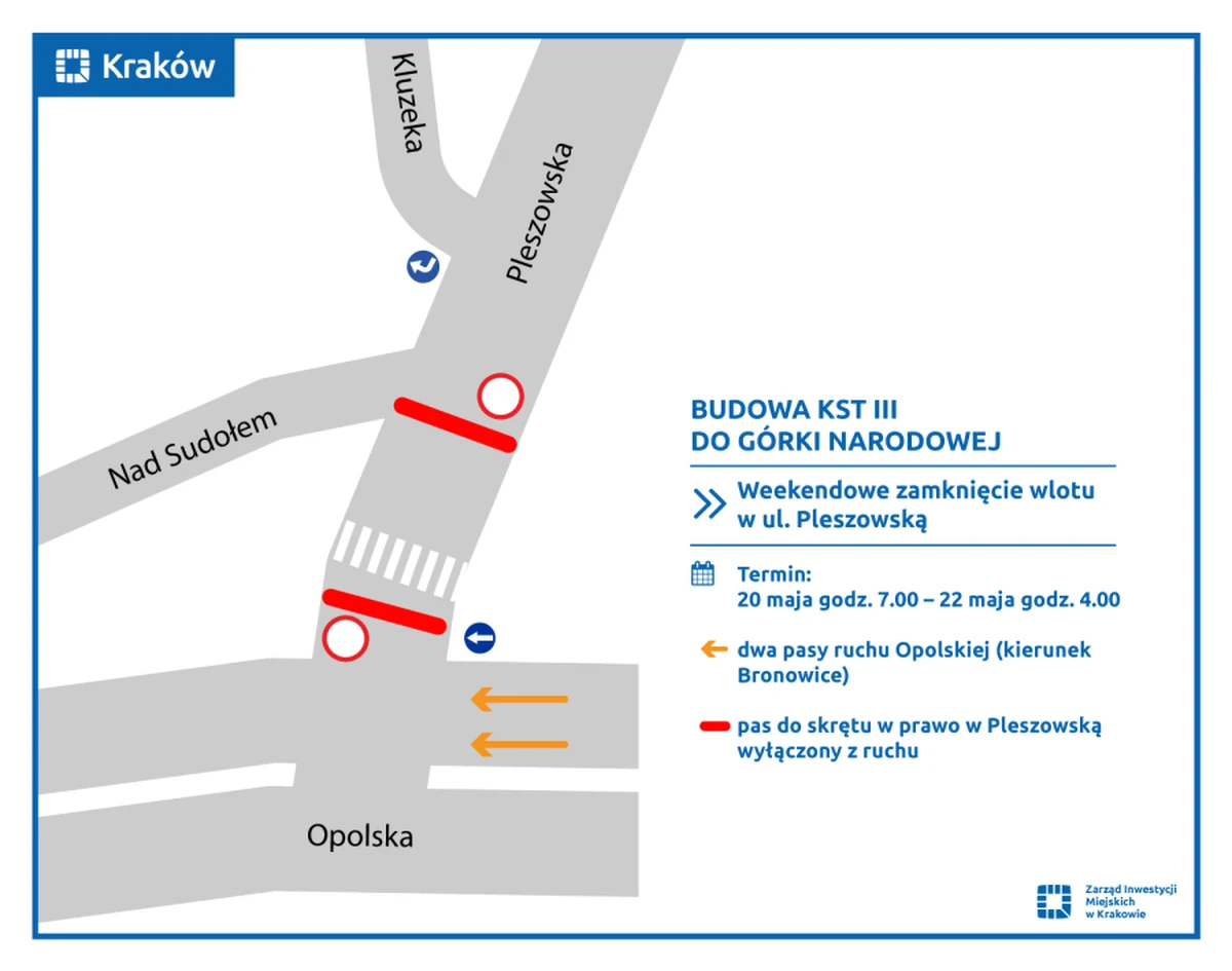Od 20 do 22 maja ulica Pleszowska na odcinku od ul. Opolskiej do ul. Nad Sudołem zostanie zamknięta dla ruchu samochodowego. W tym czasie będą tam prowadzone prace przy układaniu ostatniej warstwy asfaltu. Swoje trasy zmienią niektóre linie autobusowe.