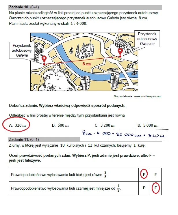 Strona ze środowego testu z matematyki z zadaniem z mapą