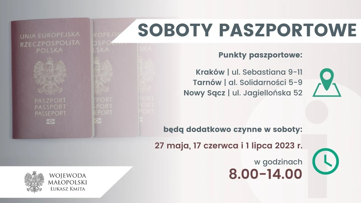 Już w najbliższą sobotę w oddziale paszportowym w Krakowie oraz w delegaturach Małopolskiego Urzędu Wojewódzkiego w Nowym Sączu i Tarnowie odbędzie się kolejna w tym roku "Sobota paszportowa". Od g. 8.00 do 14.00 będzie można złożyć wniosek paszportowy lub odebrać gotowy dokument.    