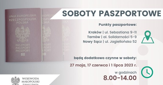 Już w najbliższą sobotę w oddziale paszportowym w Krakowie oraz w delegaturach Małopolskiego Urzędu Wojewódzkiego w Nowym Sączu i Tarnowie odbędzie się kolejna w tym roku "Sobota paszportowa". Od g. 8.00 do 14.00 będzie można złożyć wniosek paszportowy lub odebrać gotowy dokument.    