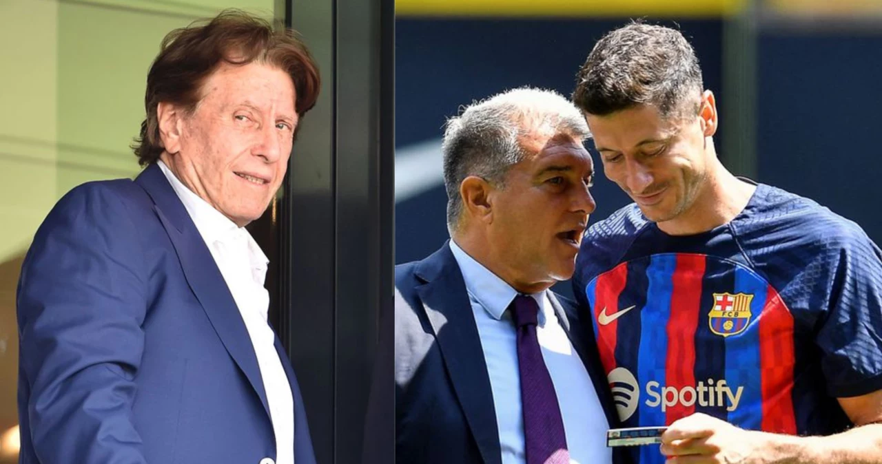 Na zdjęciu: agent Pini Zahavi, prezes FC Barcelona Joan Laporta oraz Robert Lewandowski