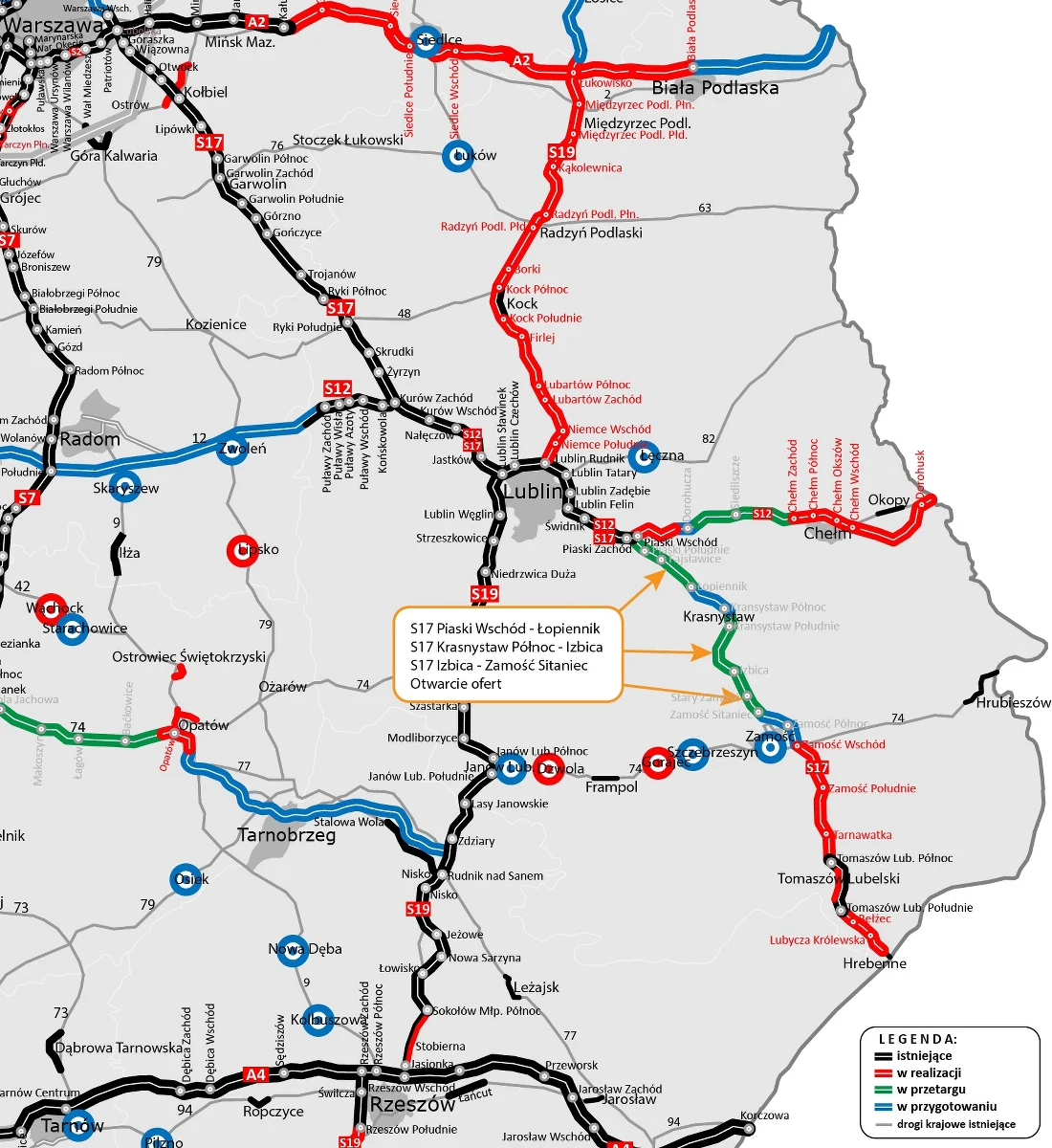 35 ofert wpłynęło w przetargach na zaprojektowanie i budowę trzech odcinków drogi ekspresowej S17 między Piaskami a Zamościem, których łączna długość to 45 km; zaplanowany budżet inwestycji to ponad 2,3 mld zł - poinformowała we wtorek Generalna Dyrekcja Dróg Krajowych i Autostrad.