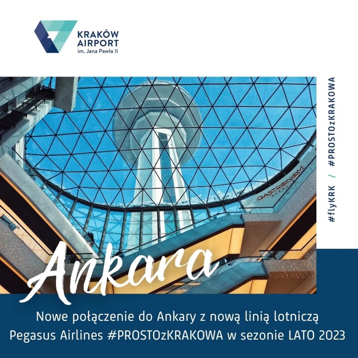 Od 10 lipca tureckie linie lotnicze Pegasus uruchomią połączenie z Krakowa do Ankary. Loty będą realizowane dwa razy w tygodniu:  w poniedziałki i czwartki. Będzie to trzecie w tym sezonie letnim bezpośrednie połączenie stolicy Małopolski z Turcją, po Stambule i kurorcie Antalya.


