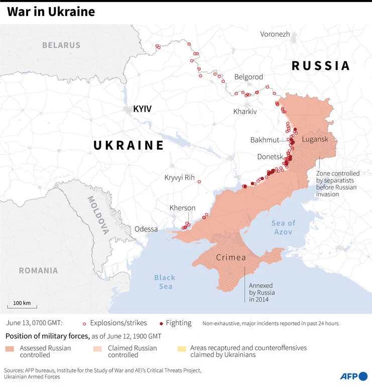 Mapa, pokazująca sytuację na froncie 13 czerwca 2023