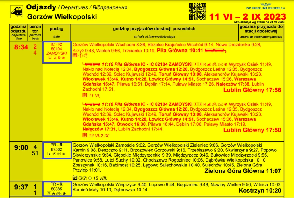 Fragment rozkładu jazdy PKP ze stacji Gorzów Wielkopolski z zaznaczonym miejscem, gdzie jest informacja o możliwości przewozu rowerów