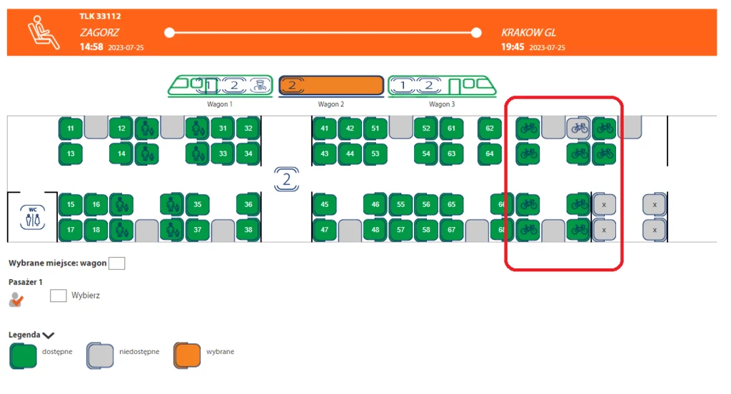 Podgląd na graficzną rezerwację miejsc. Miejsca na rowery zaznaczyliśmy czerwoną ramką. Jedno z nich zostało już zajęte, reszta jest wolna