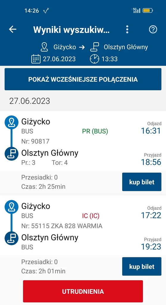 Obecnie ze stacji w Giżycku nie jeżdżą pociągi. Na Portalu Pasażera odnajdziemy godziny odjazdów zastępczych autobusów. Oznaczone są symbolami BUS i ZKA