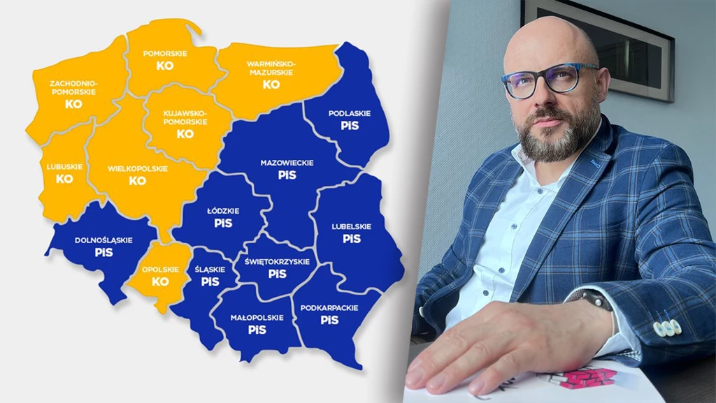 Mapa przedstawiająca wyniki exit poll po wyborach samorządowych w 2018 roku do sejmików województw i prof. Arkadiusz Radwan