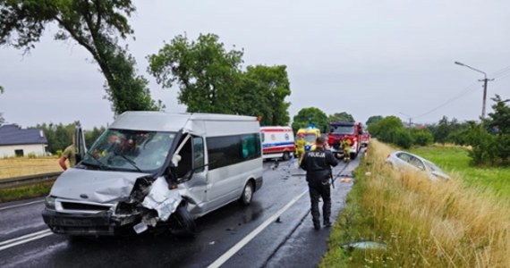 Dziesięć osób zostało poszkodowanych w zderzeniu busa z samochodem osobowym na drodze krajowej nr 43 w pow. wieluńskim w woj. łódzkim. Dziewięć   z nich trafiło do szpitala. Wśród  rannych jest pięcioro dzieci. Policja kieruje ruch objazdami.