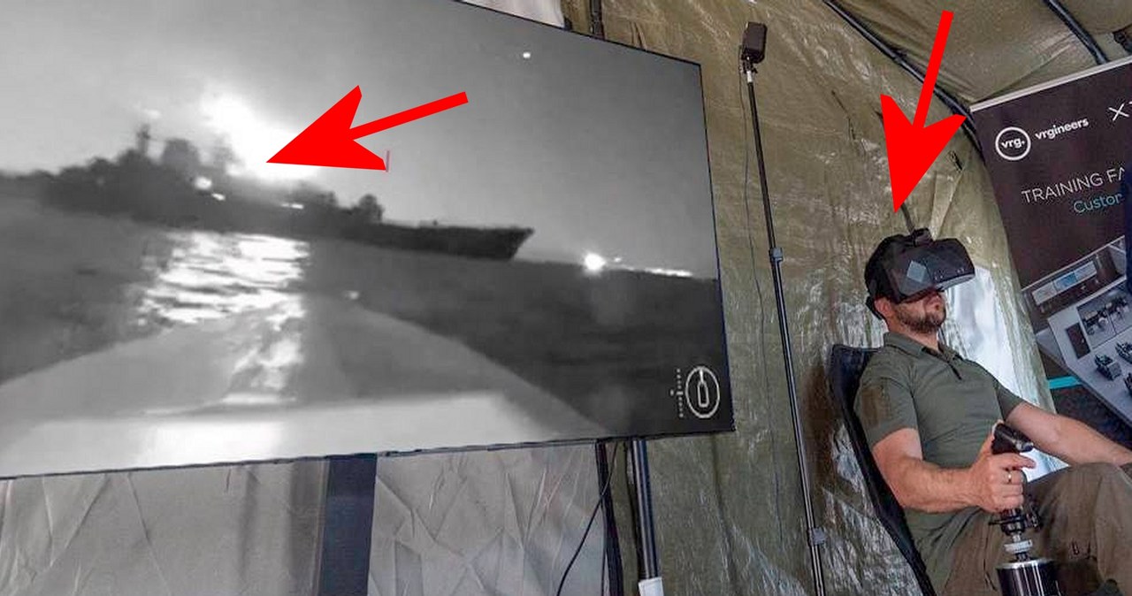 Wołodymyr Zełenski nie tylko pojawił się w bazie lotniczej, gdzie zobaczył i podpisał markerem przygotowane do ataku na rosyjskie cele pociski Storm Shadow i SCALP, ale również miał okazję wcielić się w rolę sterującego dronem morskim z misją uderzenia w rosyjski okręt.