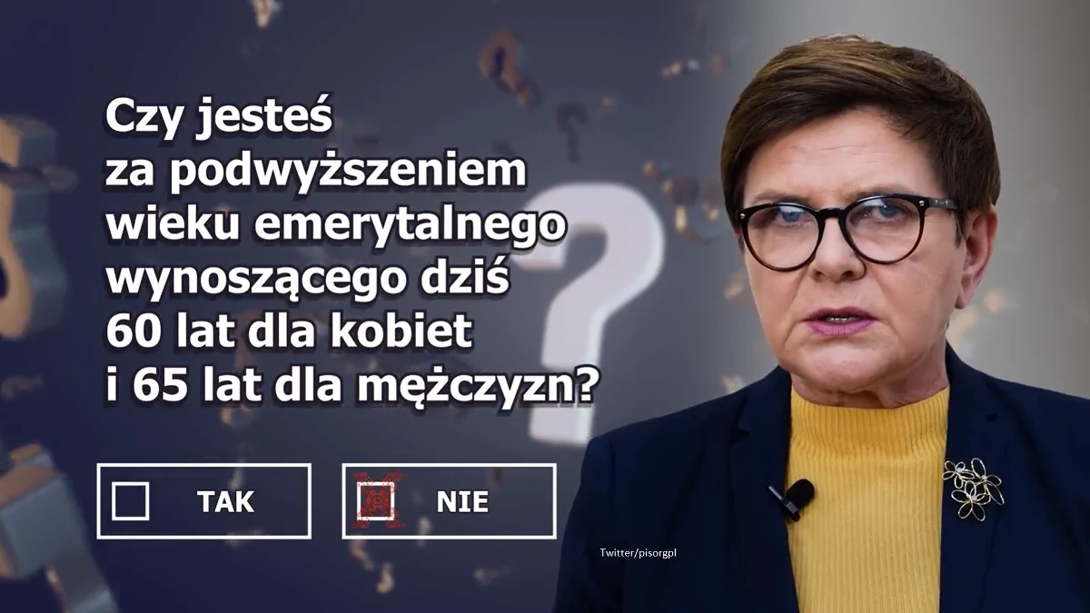 Prawo i Sprawiedliwość ogłosiło propozycję drugiego pytania referendalnego. W nagraniu udostępnionym w mediach społecznościowych partii Beata Szydło poinformowała, że Polacy zostaną zapytani o wiek emerytalny. 