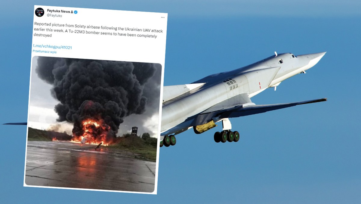 Bombowiec dalekiego zasięgu Tu-22M3 został zniszczony we wczorajszym ataku dronów na lotnisko wojskowe w obwodzie nowogrodzkim. Maszyny tego typu były wykorzystywane przez Rosję podczas inwazji na Ukrainę. W mediach społecznościowych pojawiają się zdjęcia uszkodzonego samolotu.  