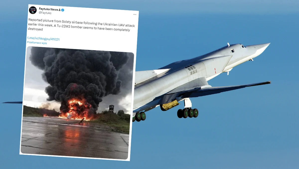 Bombowiec dalekiego zasięgu Tu-22M3 został zniszczony we wczorajszym ataku dronów na lotnisko wojskowe w obwodzie nowogrodzkim. Maszyny tego typu były wykorzystywane przez Rosję podczas inwazji na Ukrainę. W mediach społecznościowych pojawiają się zdjęcia uszkodzonego samolotu.  