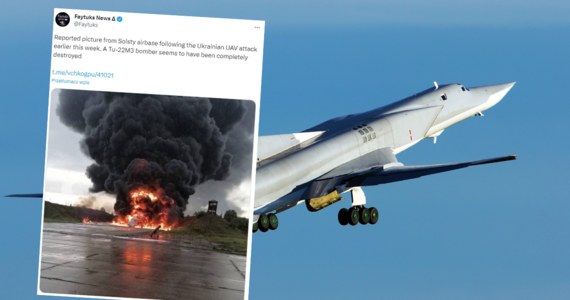 Bombowiec dalekiego zasięgu Tu-22M3 został zniszczony we wczorajszym ataku dronów na lotnisko wojskowe w obwodzie nowogrodzkim. Maszyny tego typu były wykorzystywane przez Rosję podczas inwazji na Ukrainę. W mediach społecznościowych pojawiają się zdjęcia uszkodzonego samolotu.  