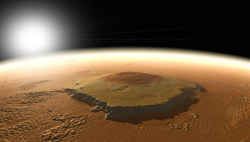 The highest volcano in the solar system was once surrounded by water.  Mars had a lot of it