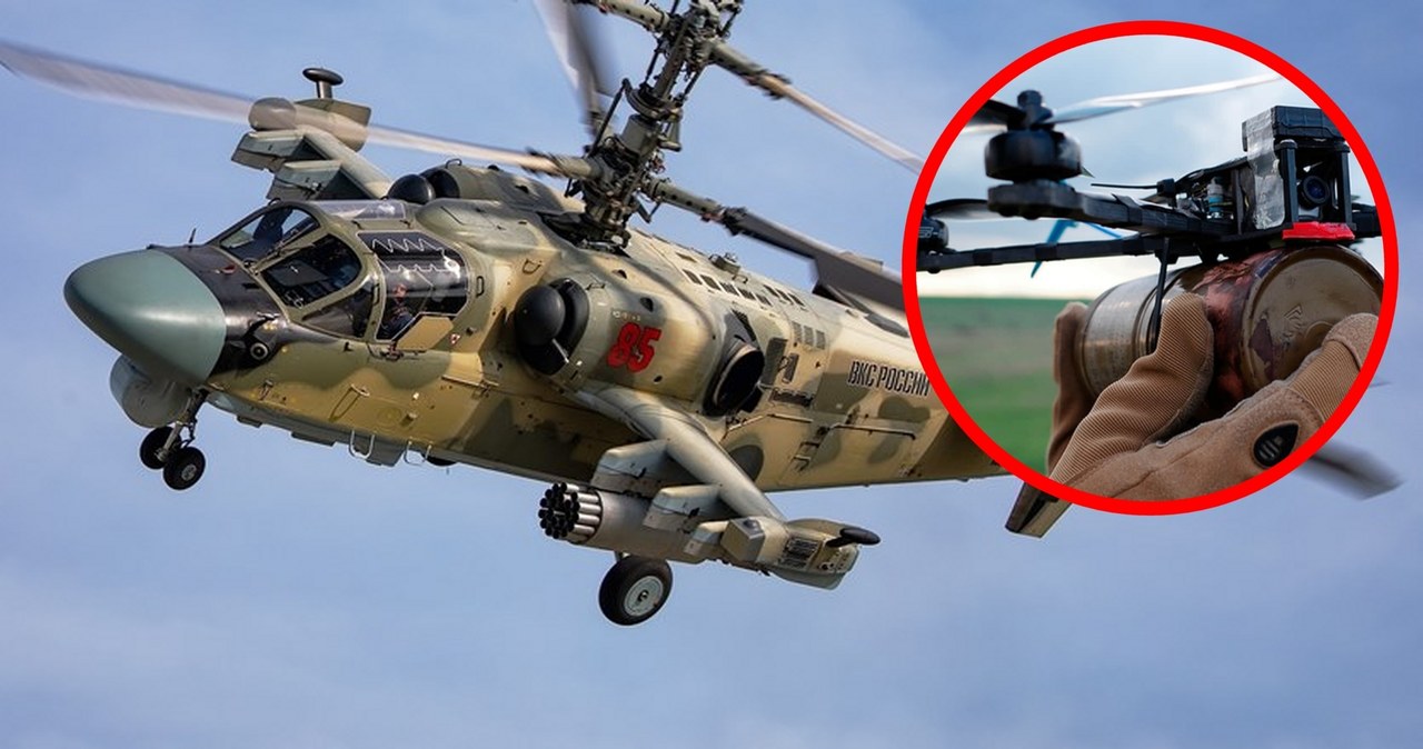 Ukraiński dron kamikadze w trakcie poszukiwania celu do neutralizacji natknął się na rosyjski śmigłowiec wykonujący misję.