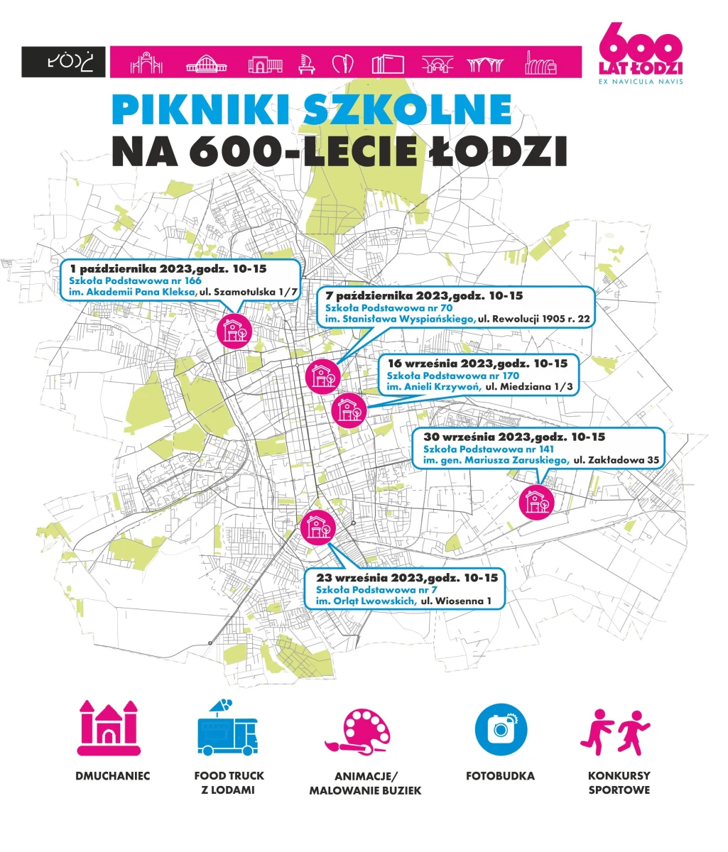 Dmuchańce, zawody sportowe i konkursy z nagrodami - to jesienna odsłona 600. urodzin Łodzi. Już w sobotę (16 września) pierwszy z cyklu pięciu rodzinnych pikników na terenie szkół podstawowych.
