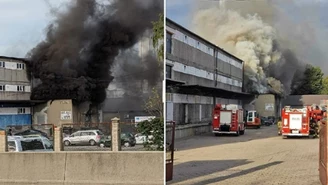 Pożar hali z tekstyliami w Gliwicach. Kłęby dymu nad miastem