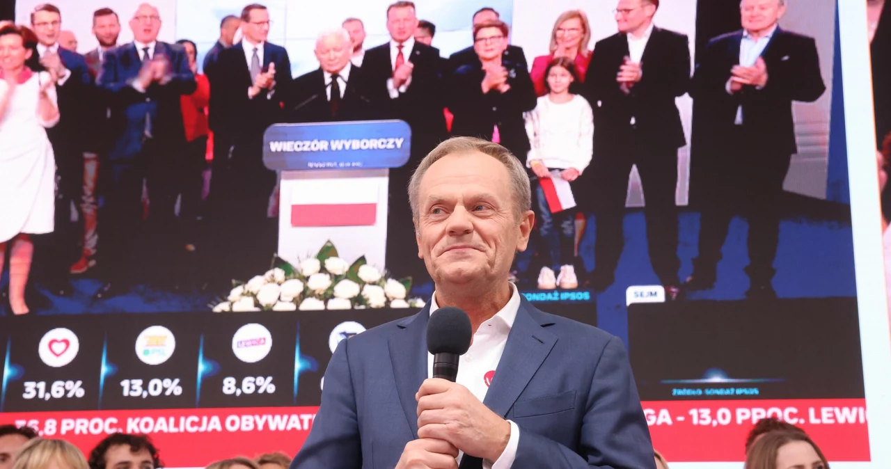 Przewodniczący PO Donald Tusk po ogłoszeniu wyników exit poll