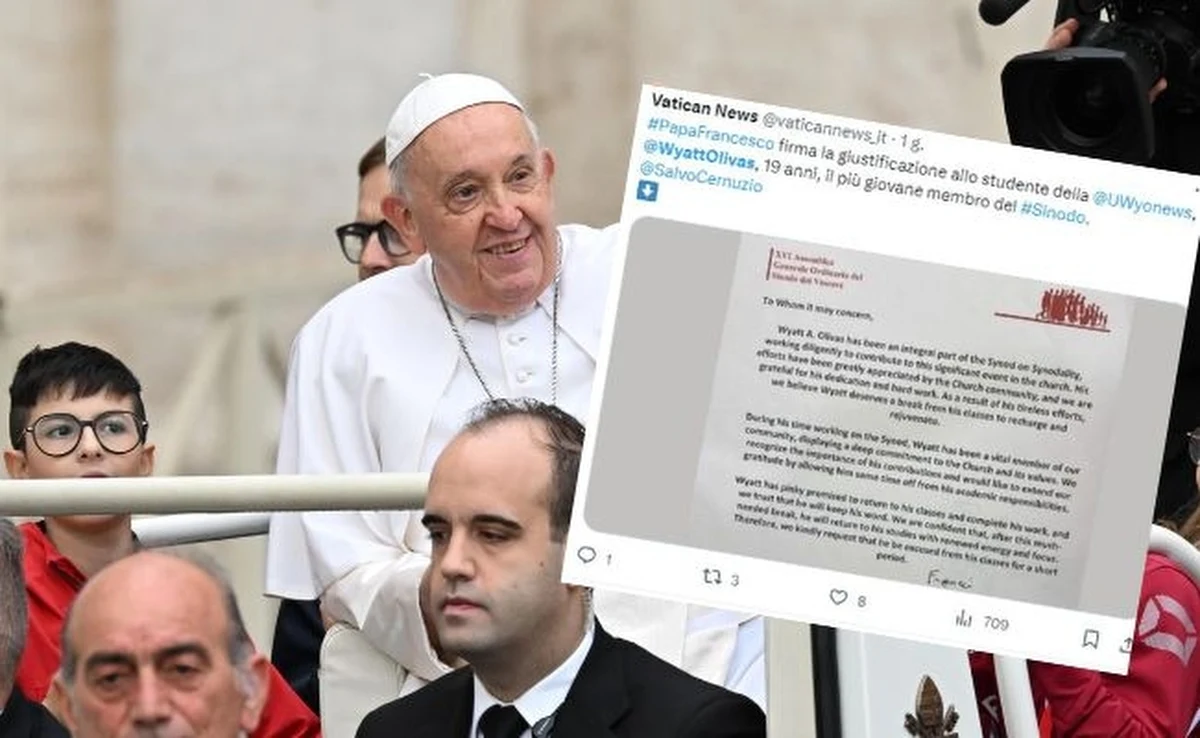 Niezwykłym usprawiedliwieniem z nieobecności na zajęciach może pochwalić się Wyatt Olivas. 19-letni Amerykanin jest najmłodszym uczestnikiem trwającego w Watykanie synodu. Po czterech tygodniach w Rzymie musi wrócić na studia, usprawiedliwienie nieobecności podpisał mu sam... papież Franciszek.