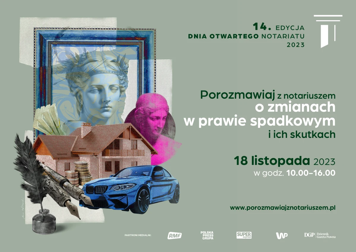 "Porozmawiaj z notariuszem o zmianach w prawie spadkowym i ich skutkach" - to hasło 14. edycji Dnia Otwartego Notariatu, która odbędzie się w sobotę 18 listopada w godzinach 10-16. Notariusze w 36 miastach w Polsce będą udzielali bezpłatnych informacji prawnych stacjonarnie w wyznaczonych lokalizacjach, telefonicznie, na czacie oraz w trakcie streamingu na żywo.