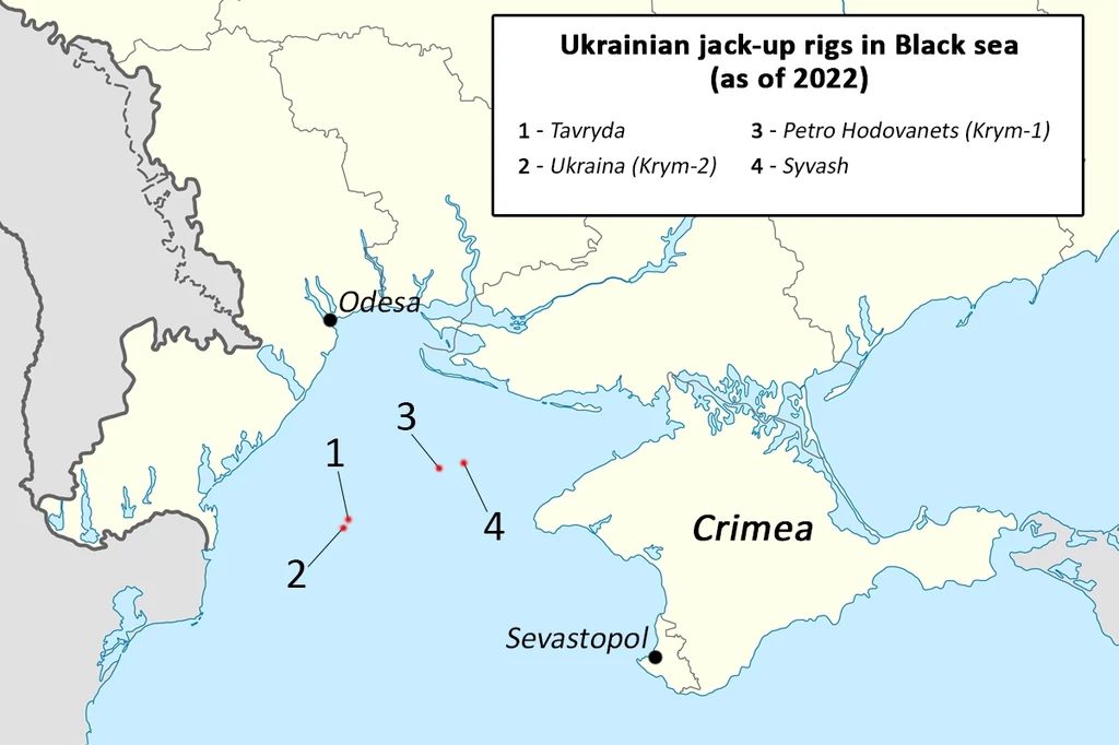 Mapa przedstawiające rozmieszczenie czterech zajętych platform na basenie Morza Czarnegc