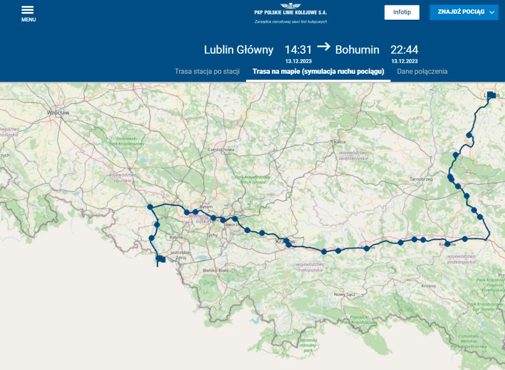 Na mapie PKP Polskich Linii Kolejowych widać, że trasa TLK "Roztocze" - mimo że to pociąg międzynarodowy - przebiega niemal całości w Polsce