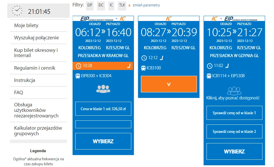 Na razie system uniemożliwia kupienie biletu na IC "Zamoyski" (okno pośrodku)
