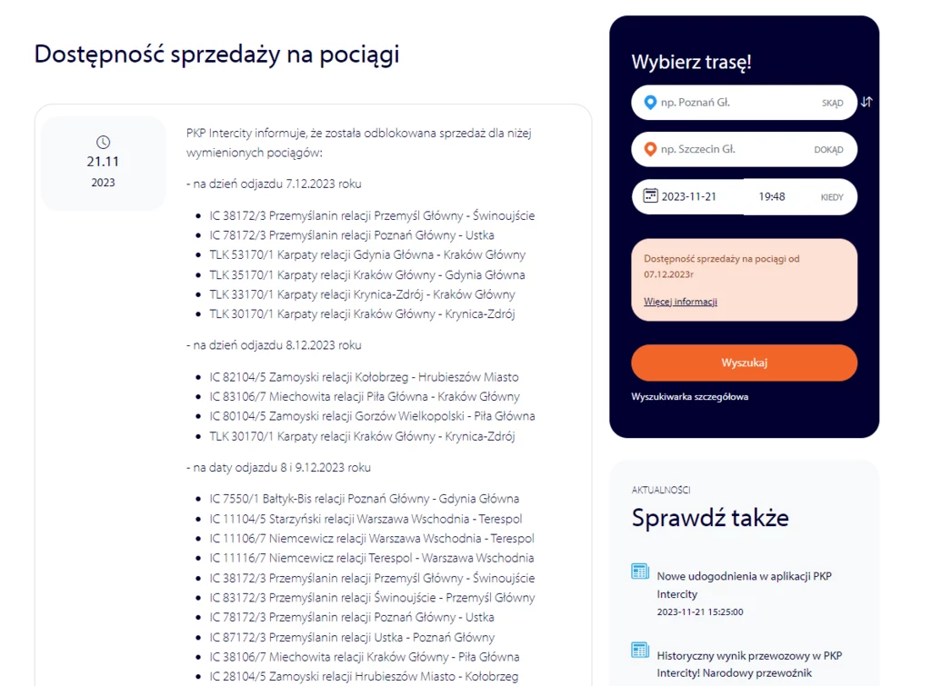 Fragment listy z pociągami, na które odblokowano sprzedaż biletów, zamieszczonej na stronie internetowej PKP Intercity
