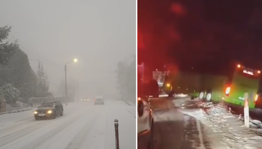  Śnieżyca na Podhalu. Autobus zawisł nad poboczem