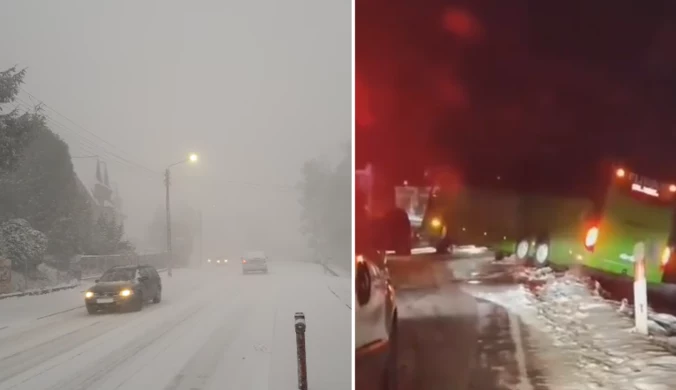 Trudne warunki pogodowe na Podhalu. Autobus zawisł nad poboczem