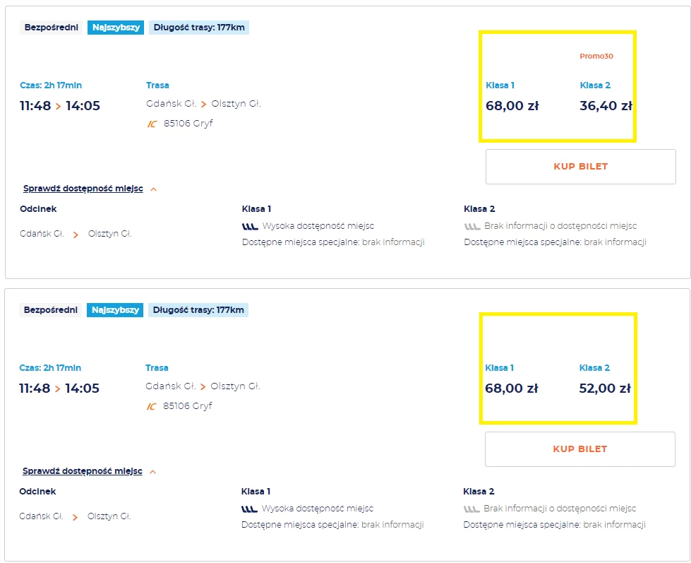 Ten sam pociąg, dwa dni i różne ceny. Powyżej bilety na IC "Gryf" na 16 grudnia, poniżej na to samo połączenie, ale na 23 grudnia (żółta ramka dołożona przez Interię)