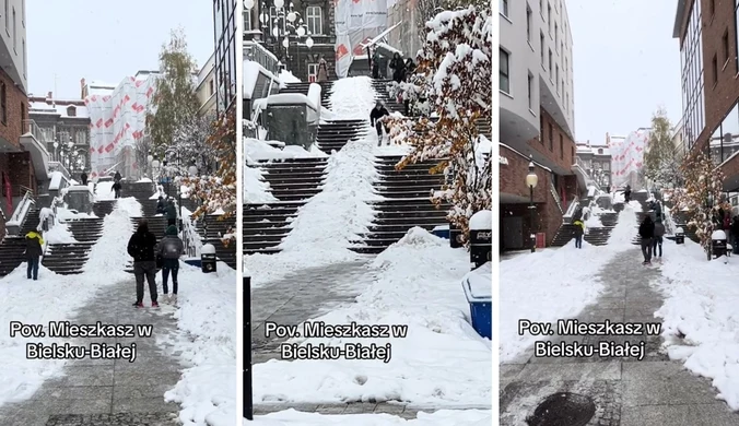 Zjeżdżali na nartach w centrum Bielska. Nagranie podbija sieć