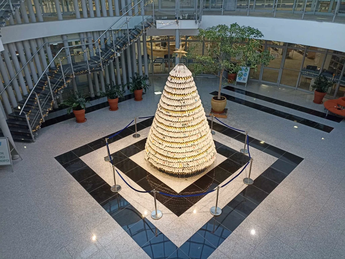 Były już choinki z książek, starych komputerów czy szuflad bibliotecznych katalogów. W tym roku w bibliotece Uniwersytetu Warmińsko-Mazurskiego stanęła, a właściwie zawisła, choinka z dwóch tysięcy rulonów z gazet. 
