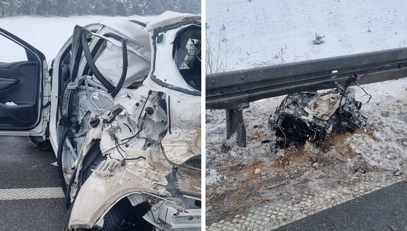  Potężne zderzenie na autostradzie. Z auta wypadł silnik