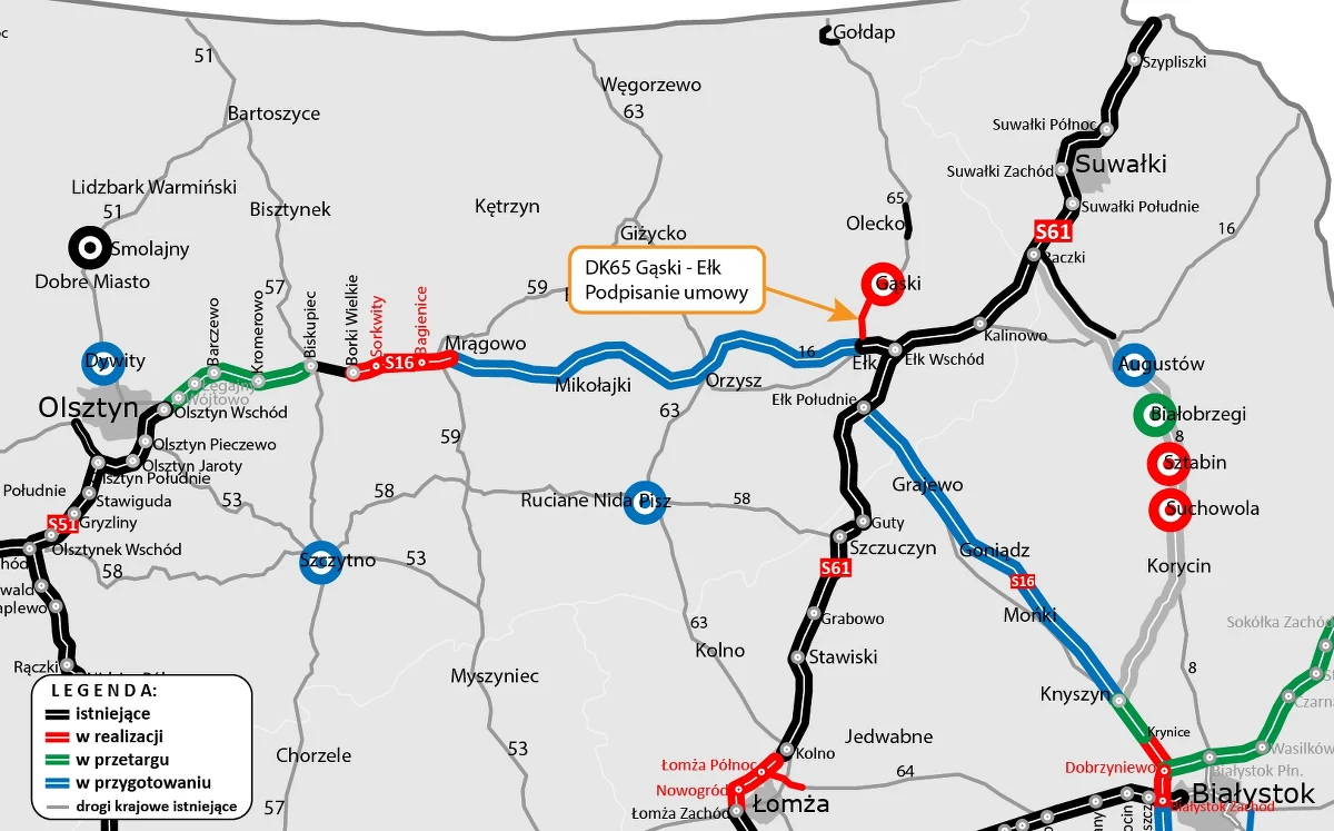 Drogowcy podpisali dzisiaj umowę na rozbudowę trasy od miejscowości Gąski do Ełku. Wykonawca, w ciągu osiemnastu miesięcy zrealizuje prace o wartości 229 mln zł. To kolejny odcinek drogi krajowej nr 65, który przejdzie gruntowną modernizację.