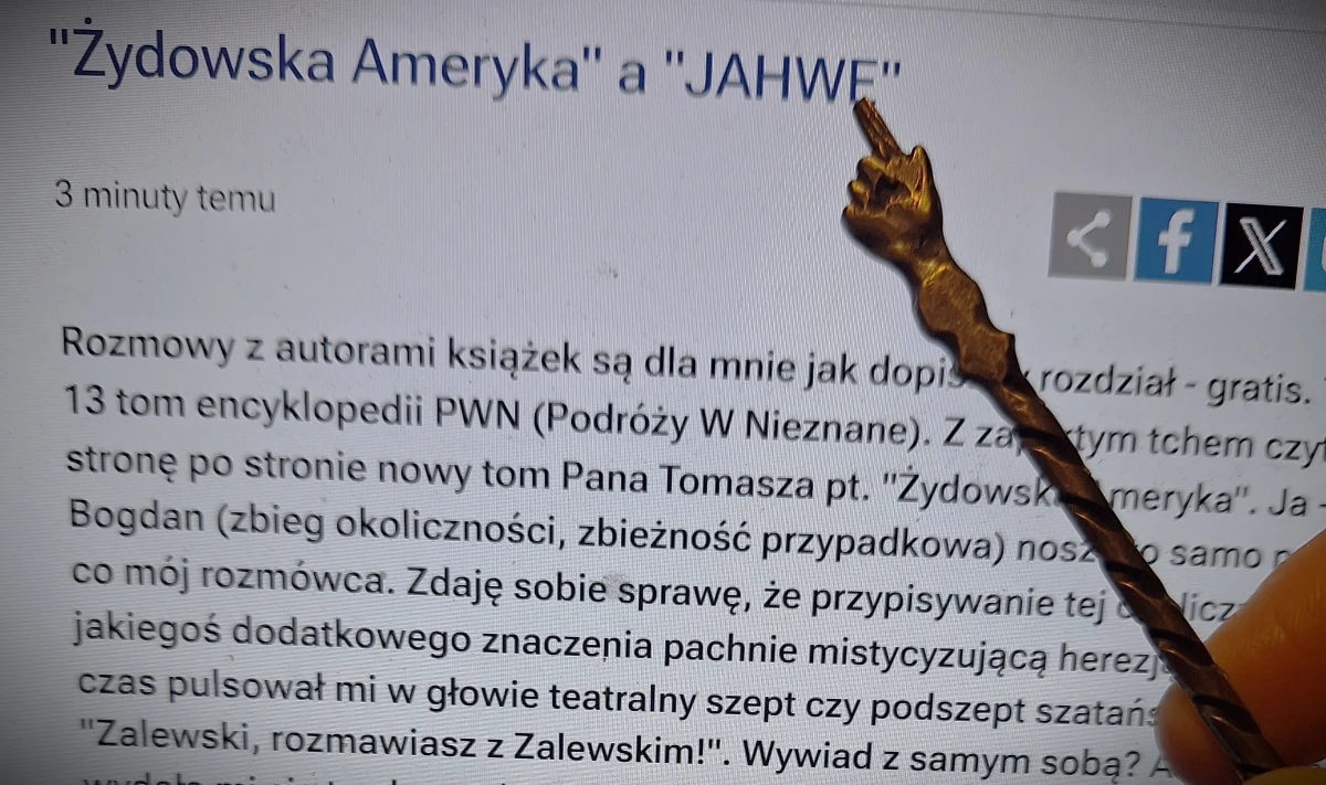 Rozmowy z autorami książek są dla mnie jak dopisany rozdział - gratis. To jak 13 tom encyklopedii PWN (Podróży W Nieznane). Z zapartym tchem czytałem stronę po stronie nowy tom Pana Tomasza pt. "Żydowska Ameryka". Ja - Bogdan (zbieg okoliczności, zbieżność przypadkowa) noszę to samo nazwisko, co mój rozmówca. Zdaję sobie sprawę, że przypisywanie tej okoliczności jakiegoś dodatkowego znaczenia pachnie mistycyzującą herezją, jednak cały czas pulsował mi w głowie teatralny szept czy podszept szatańskiego suflera: "Zalewski, rozmawiasz z Zalewskim!". Wywiad z samym sobą? Atrakcyjna wydała mi się ta aberracja.
