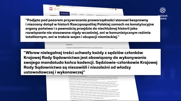 Szefowa Krajowej Rady Sądownictwa zapowiada, że nie ustąpi ze stanowiska. Nie uznaje uchwały Sejmu w sprawie KRS, która odwołuje wszystkich tak zwanych "neosędziów". Przeciw uchwale jest prezydent, a sejmowa większość tłumaczy, że odpowiednia ustawa w tej sprawie pojawi się w nowym roku.Materiał dla "Wydarzeń" przygotowała Ewelina Niemirka.