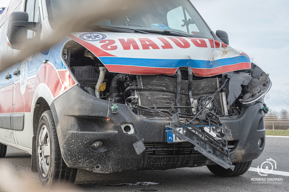 Groźne zderzenie na obwodnicy Tarnowa w Małopolsce. Jadąca na sygnale karetka pogotowia z pacjentem uderzyła w sarnę.
