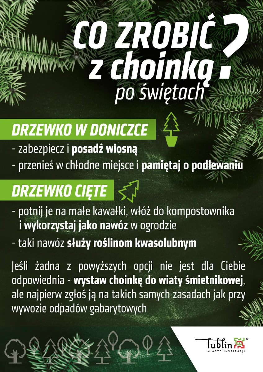 W Lublinie rusza poświąteczna zbiórka drzewek w doniczkach. Kiedy tylko pozwoli na to pogoda świerki i jodły, które podczas świąt stały w domach, zostaną posadzone w gruncie. Żywe drzewka do 9 lutego można dostarczać do Punktu Selektywnego Zbierania Odpadów Komunalnych. 

