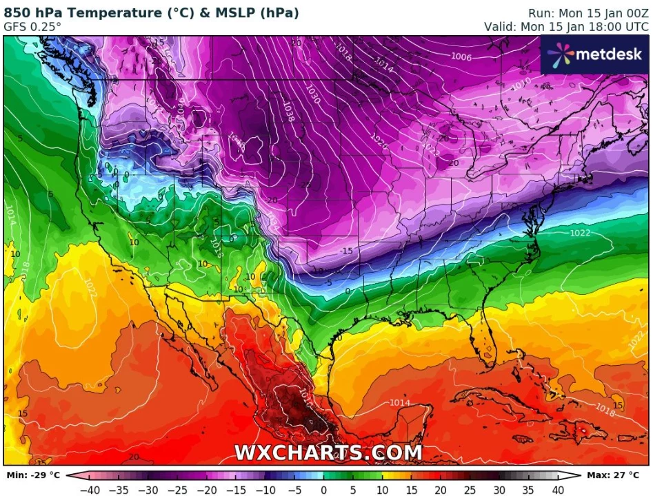 Większość terytorium USA obejmie strefa mrozu. Lokalnie temperatury mogą spaść poniżej -30 stopni Celsjusza