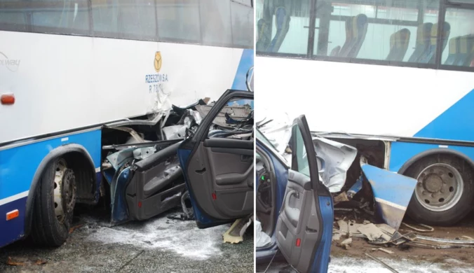 Groźny wypadek pod Rzeszowem. Zderzenie autobusu i auta