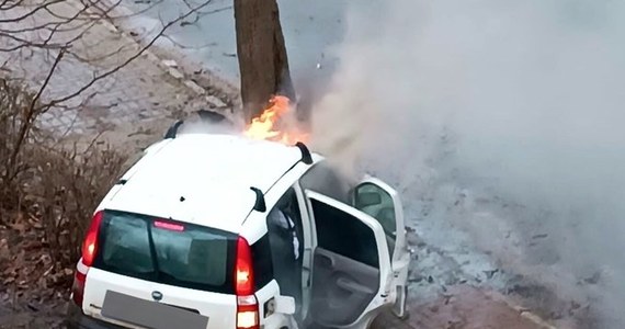Policyjne poszukiwania sprawców wypadku na ulicy Rataja w Olsztynie. Samochód osobowy uderzył tam w drzewo, potrącił idącego chodnikiem pieszego, a następnie stanął w ogniu. Kierowca uciekł z miejsca zdarzenia.
