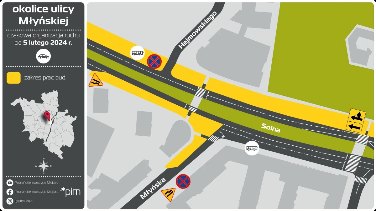Od poniedziałku, 5 lutego, zmieni się organizacja ruchu na ul. Młyńskiej w rejonie skrzyżowania z ul. Solną. Zmiany odczują także piesi. 