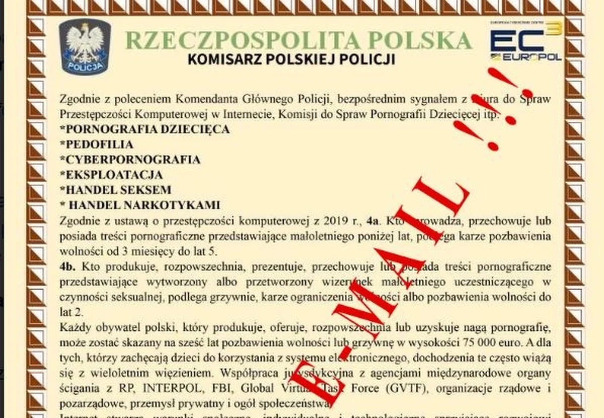 Centralne Biuro Zwalczania Cyberprzestępczości ostrzega przed fałszywymi mailami rozsyłanymi przez przestępców. Mają one rzekomo pochodzić od Komendanta Głównego Policji insp. Marka Boronia i dotyczyć przestępstw o podłożu seksualnym.