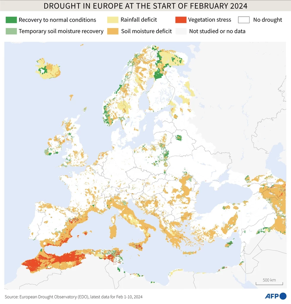 Susza w Europie odnotowana w okresie od 1 do 10 lutego 2024 roku. Najgorzej pod tym względem jest w rejonie Morza Śródziemnego