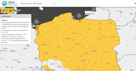 Synoptycy IMGW ostrzegają przed przymrozkami niemal w całej Polsce. Minusowa temperatura szybko nie odpuści, szczególnie na północnym wschodzie, dlatego wydane w ostrzeżenia przed przymrozkami będą obowiązywały przez kilka następnych nocy. 