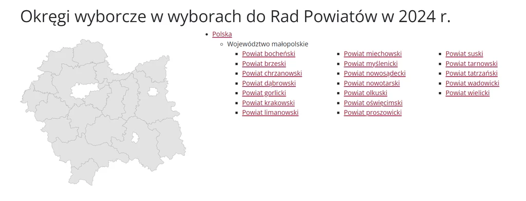 Przykład okręgów wyborczych w Małopolsce: każdy z 19 powiatów dzielą jeszcze miasta i gminy, będące okręgami wyborczymi, a którym przypisano odpowiednią liczbę mandatów.