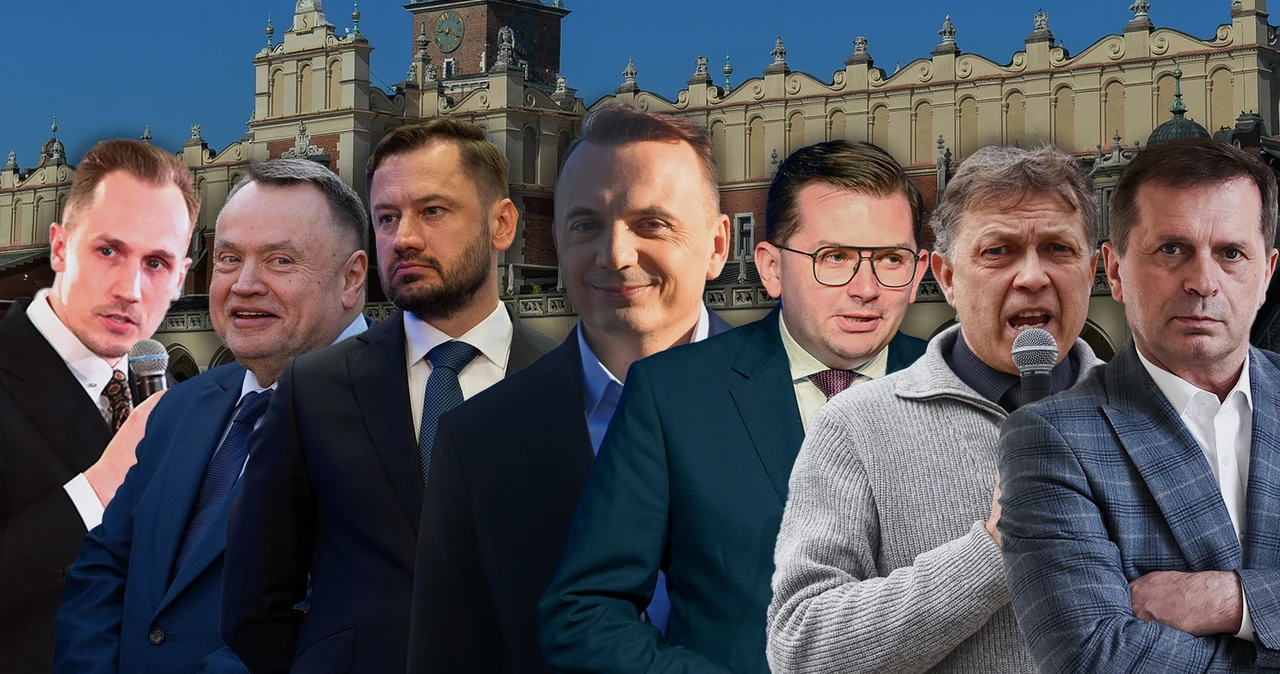 Kandydaci na prezydenta Krakowa. Od lewej: Konrad Berkowicz, Andrzej Kulig, Aleksander Miszalski, Łukasz Gibała, Łukasz Kmita, Adam Hareńczyk, Stanisław Mazur